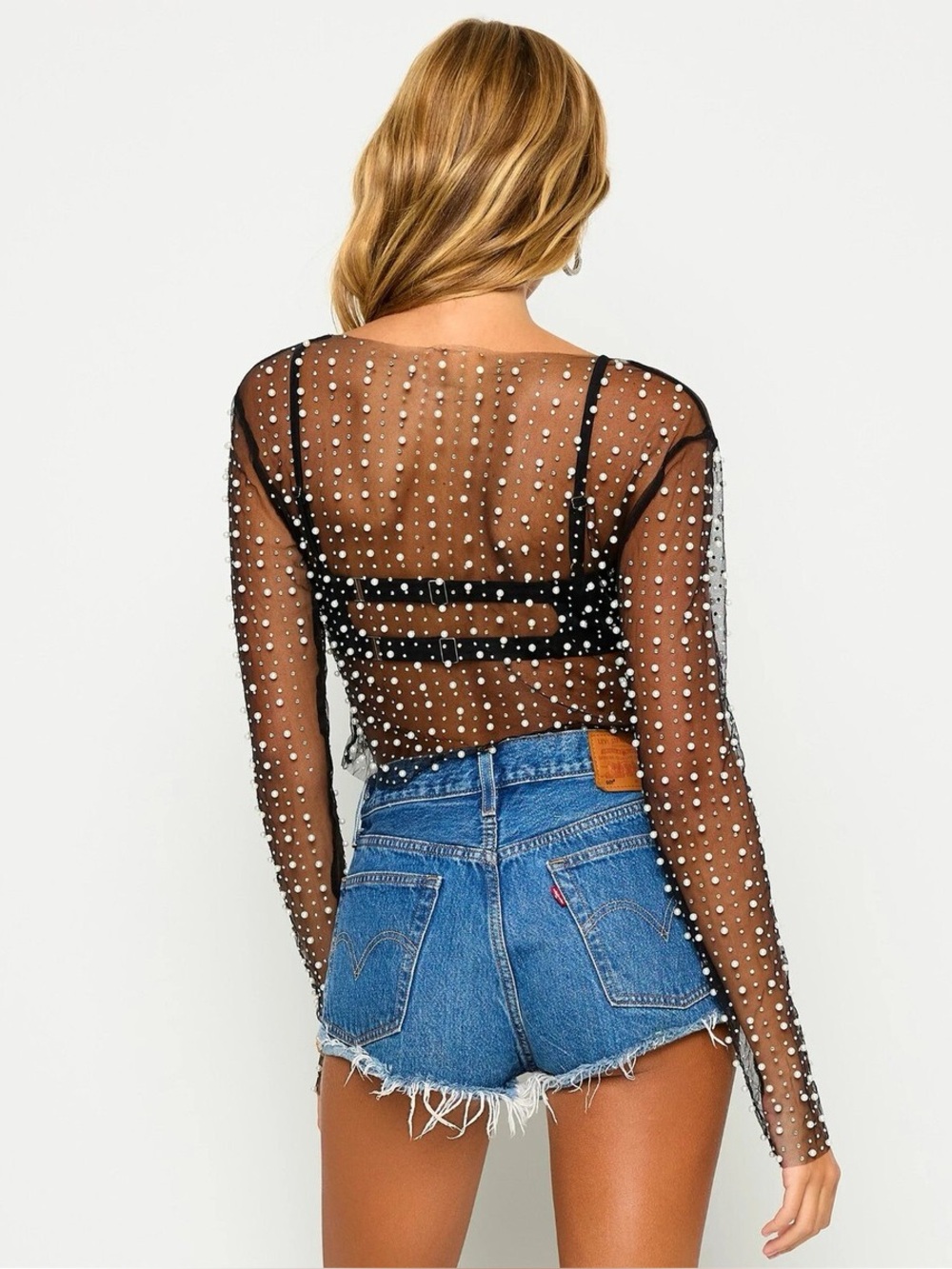 Beach Bunny Sheer Black Pearl-Embellished Long Sleeve Crop Top - Picture 8 of 9